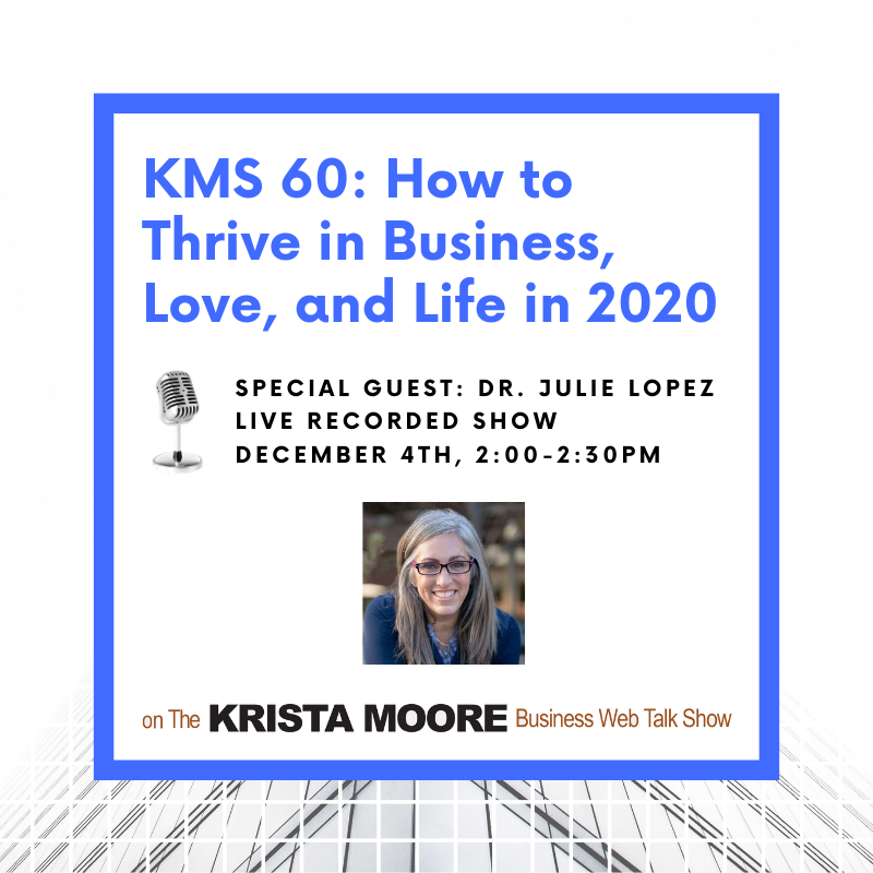 The Krista Moore business web talk show thumbnail: How to thrive in business, love and life in 2020 with special guest Dr. Julie Lopez
